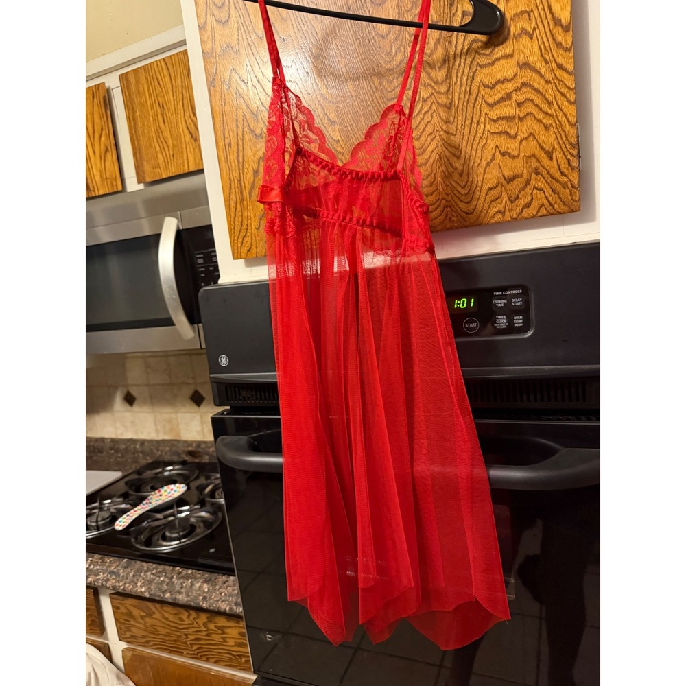 Red Lace Mesh Babydoll Chemise Lingerie Handkerchief Hem Satin Bow Sleepwear - Picture 5 of 5